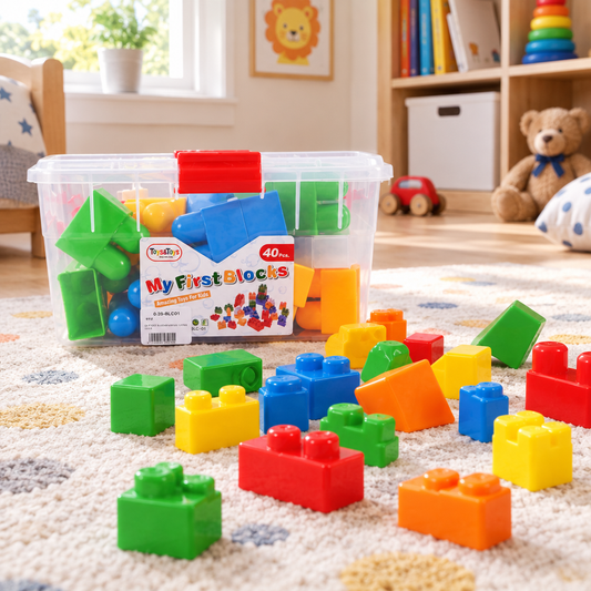 Building blocks bucket with colorful blocks spilled on a playroom floor