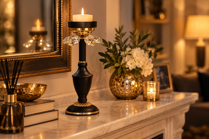 Candle stand on a living room mantelpiece