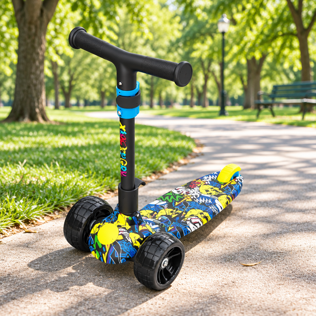 Blue graffiti kids 3-wheel scooter on a sunny park path