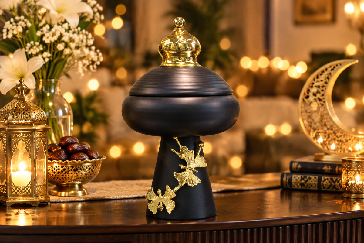 Black urn jar festive Eid sideboard