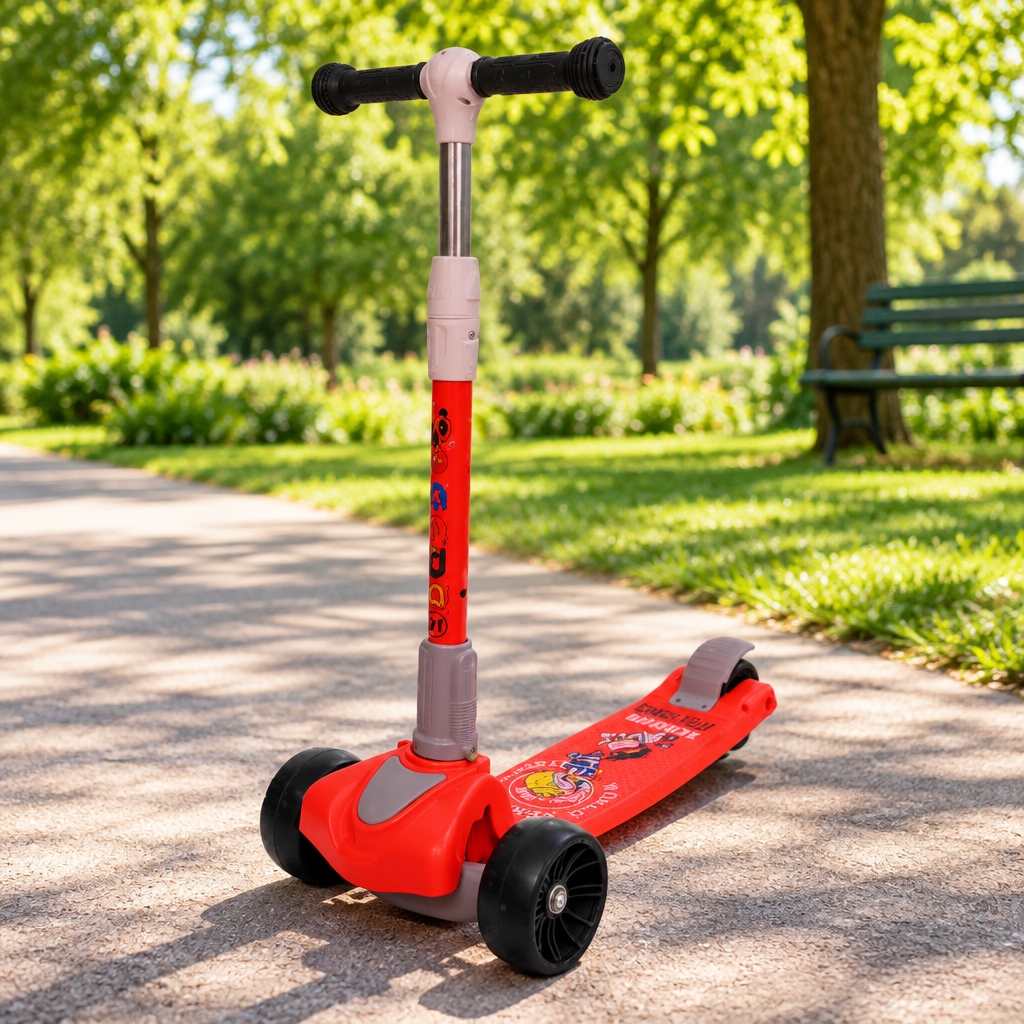 Red kids 3-wheel kick scooter on a sunny park path