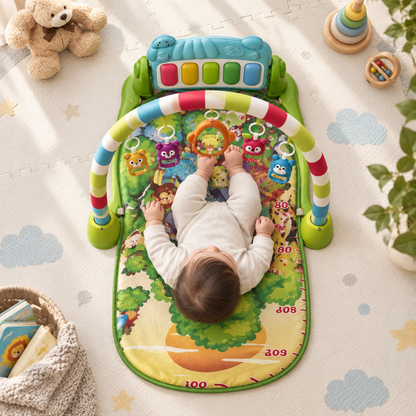 Baby fitness piano play gym, top-down view on a play mat