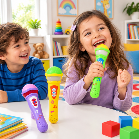 Toy microphone in a colorful kids playroom