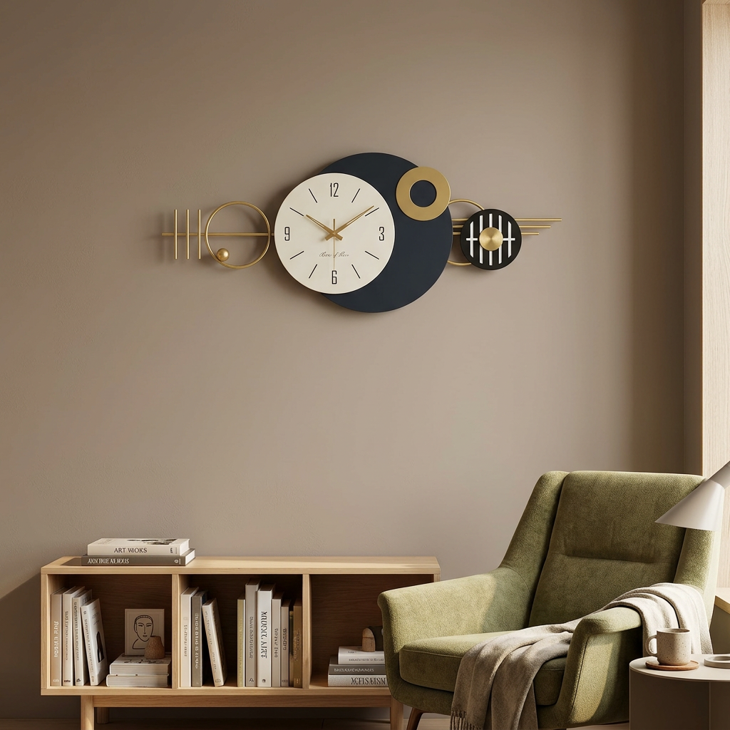 Modern geometric wall clock in a reading corner