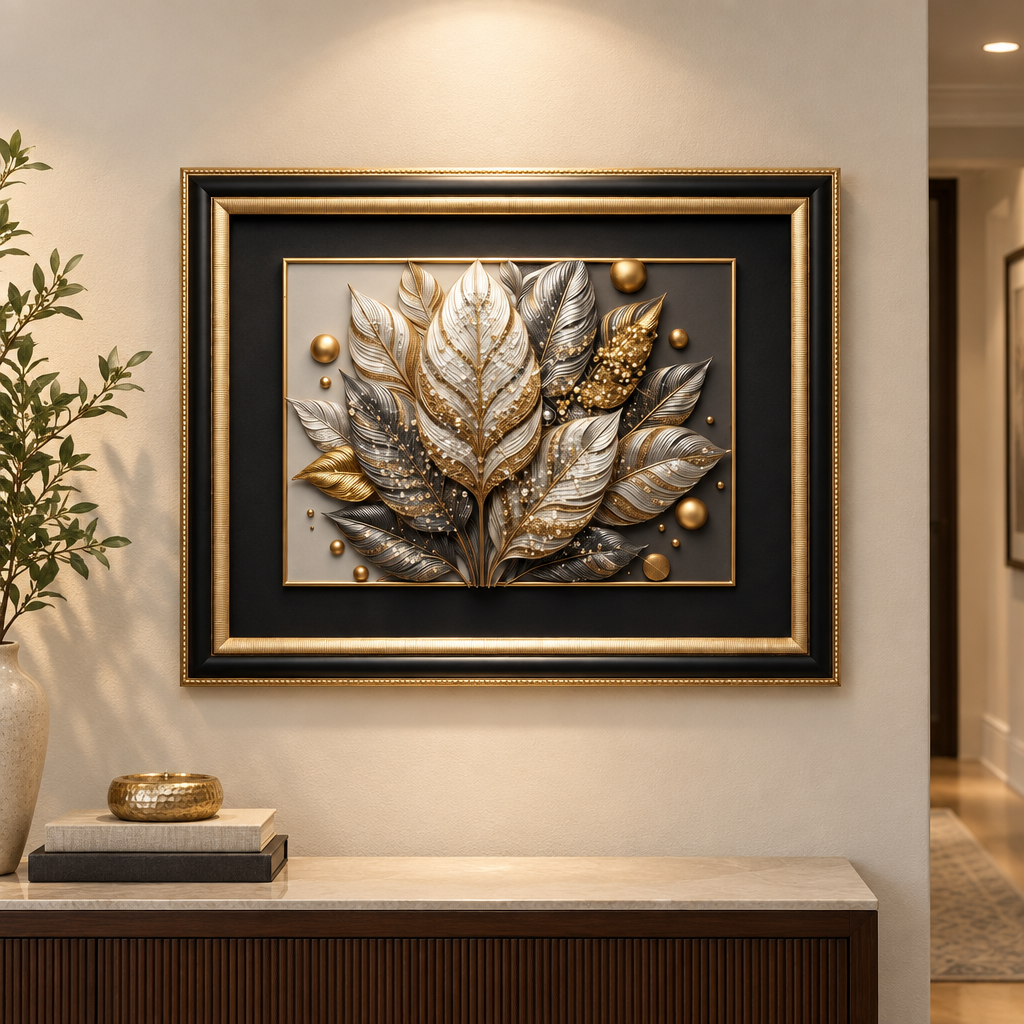 Opulent Feathers framed art in hallway