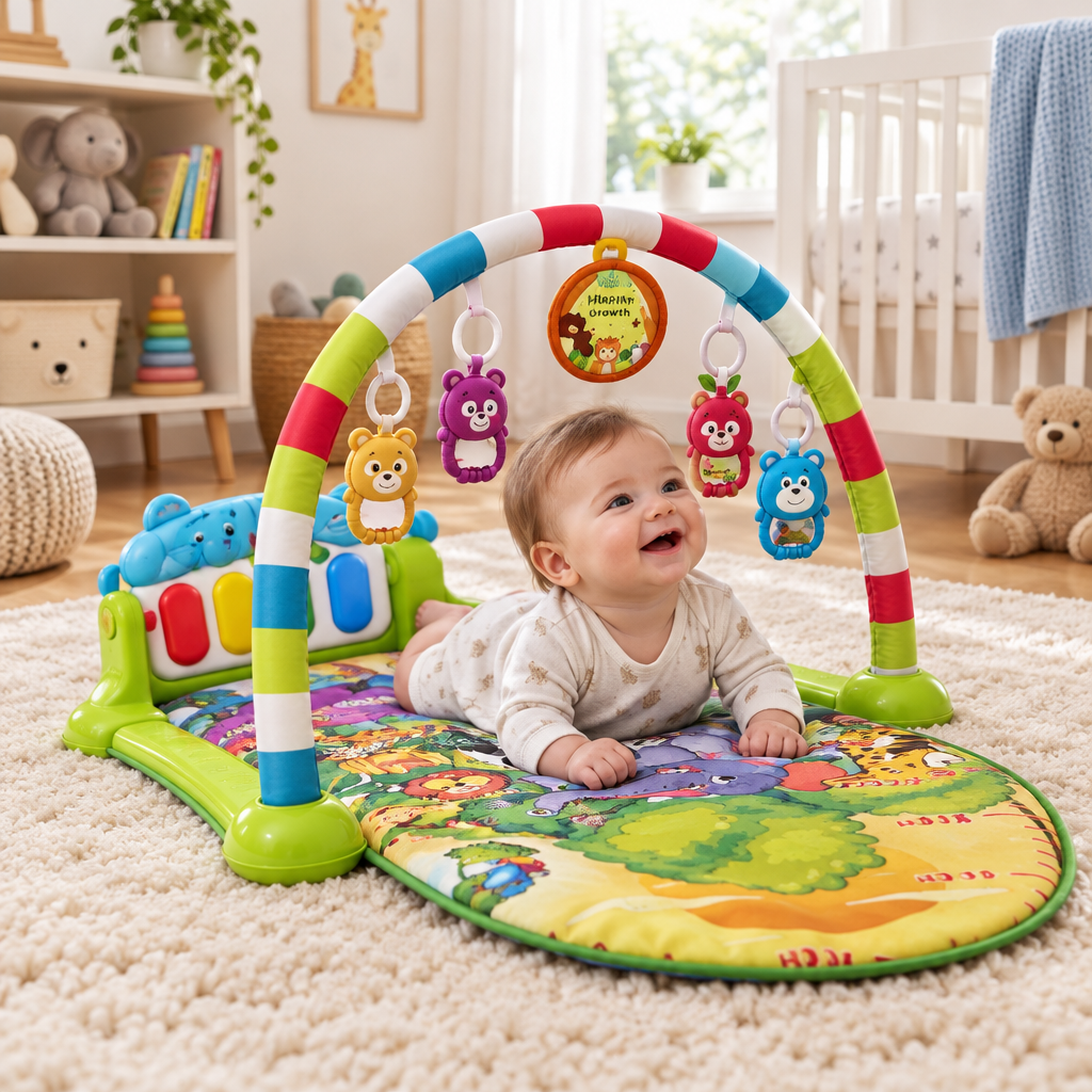 Baby fitness piano play gym on a rug in a cozy nursery