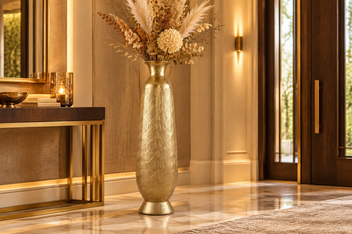 Gold floor vase in luxury entryway