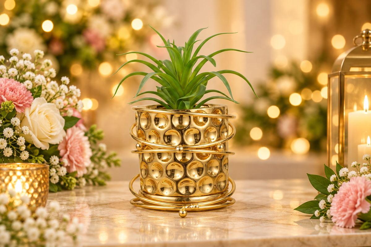 Gold planter festive setting with flowers