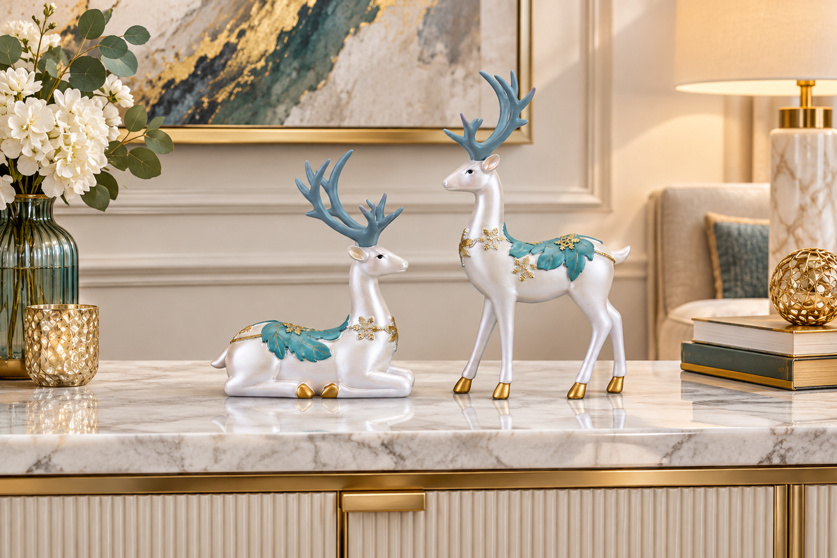 Deer figurines on marble console