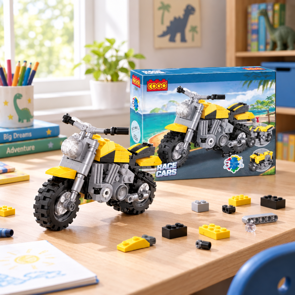 COGO yellow motorcycle building set on a kids desk with loose bricks