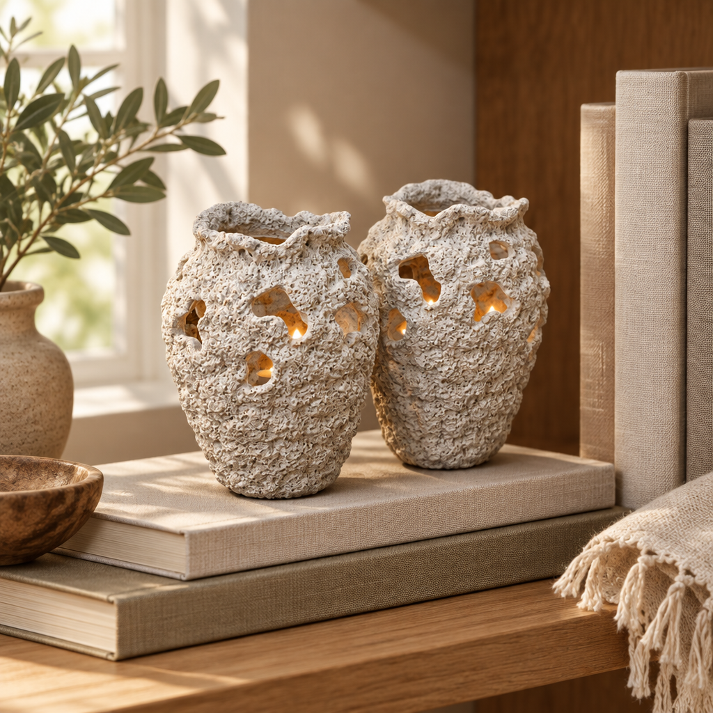 Textured coral stone mini vases styled on a living room shelf
