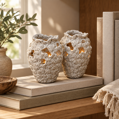 Textured coral stone mini vases styled on a living room shelf