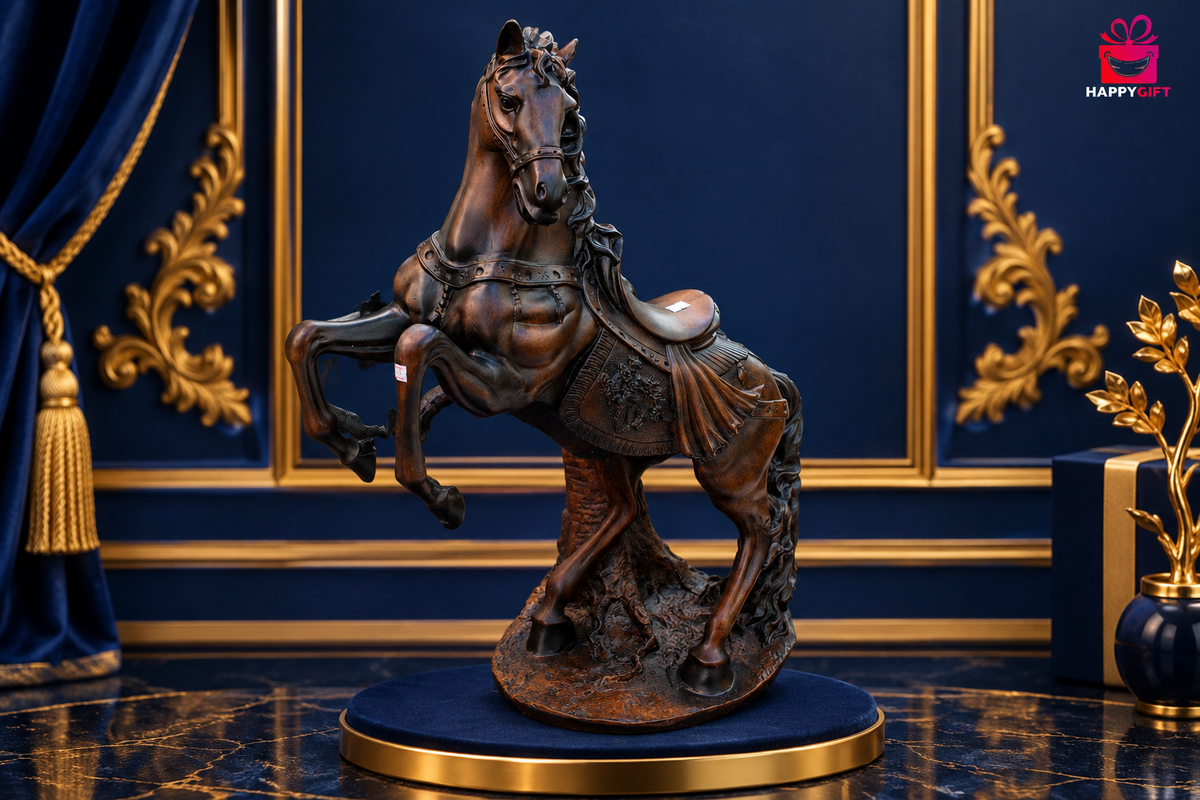Antique bronze rearing stallion statue on navy and gold background with small logo