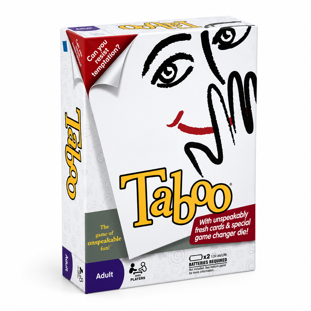 Taboo party game box, angled view on white background
