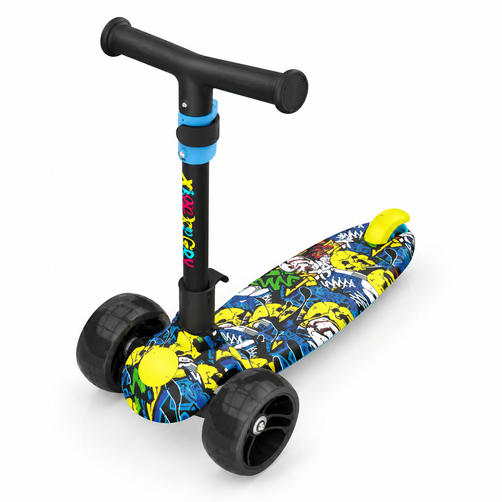 Blue graffiti kids 3-wheel scooter, angled view on white background