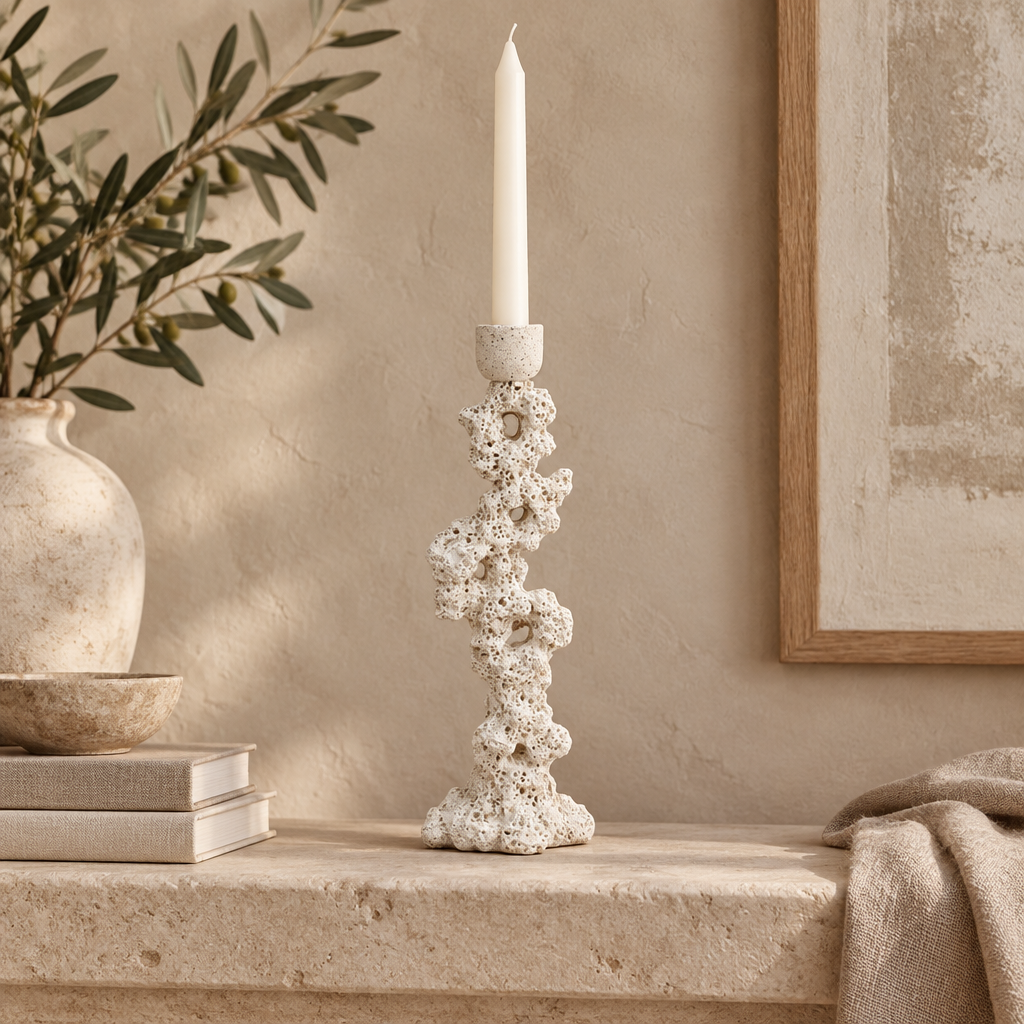 Coral rock candlestick styled on a warm neutral mantel