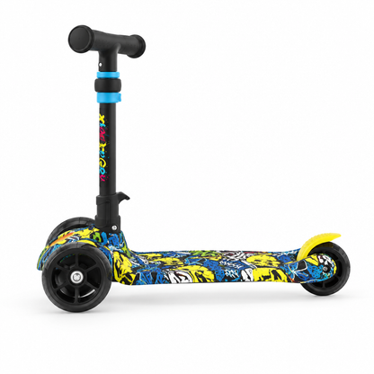 Blue graffiti kids 3-wheel scooter, side view