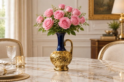Pitcher vase with pink roses on dining table