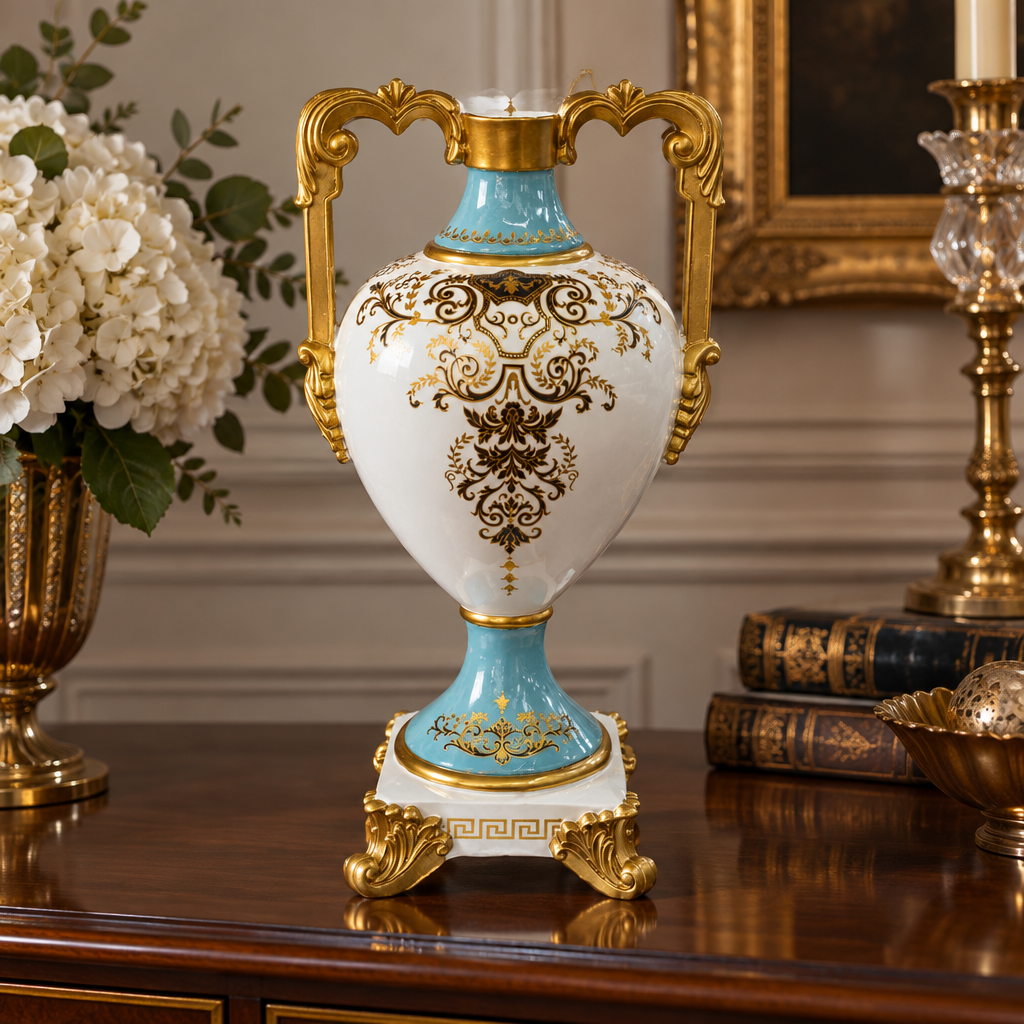 White and gold trophy vase styled in dining room