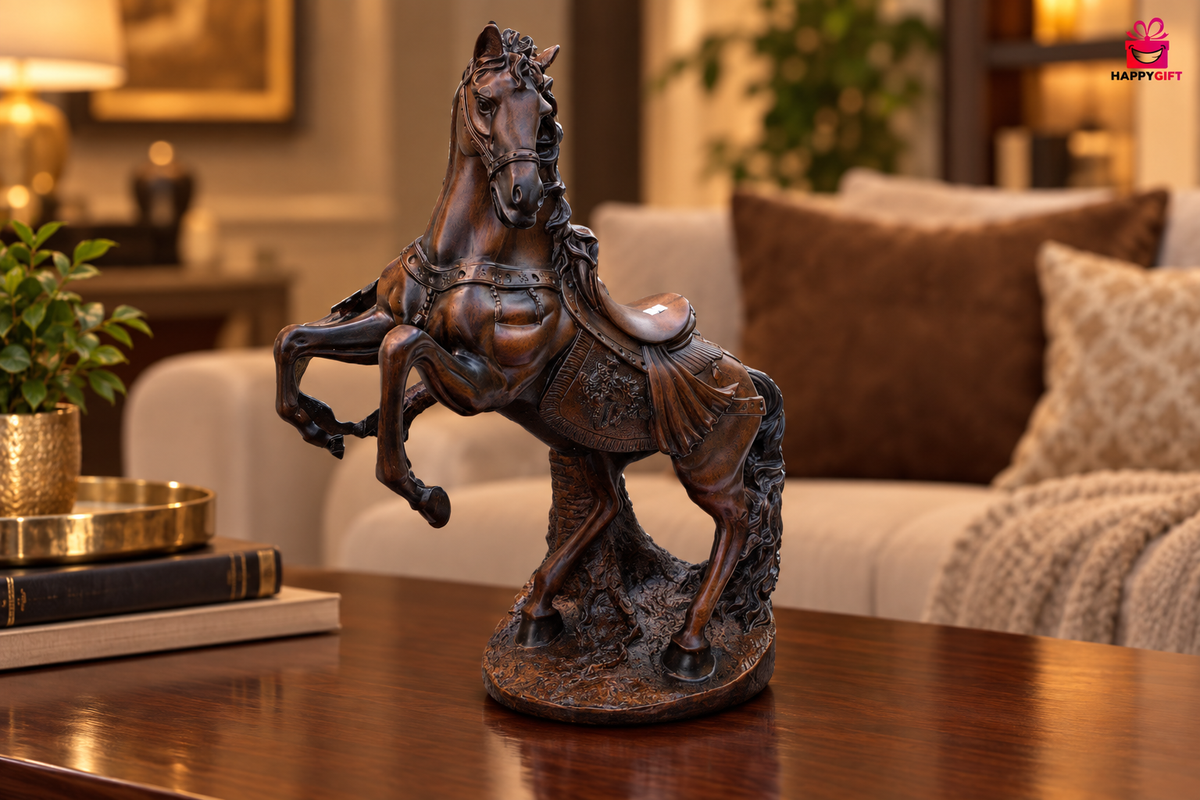 Antique bronze rearing stallion statue on dark walnut table with small logo