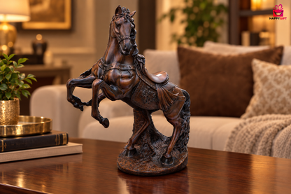 Antique bronze rearing stallion statue on dark walnut table with small logo