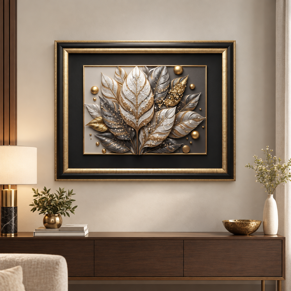 Opulent Feathers framed art in living room