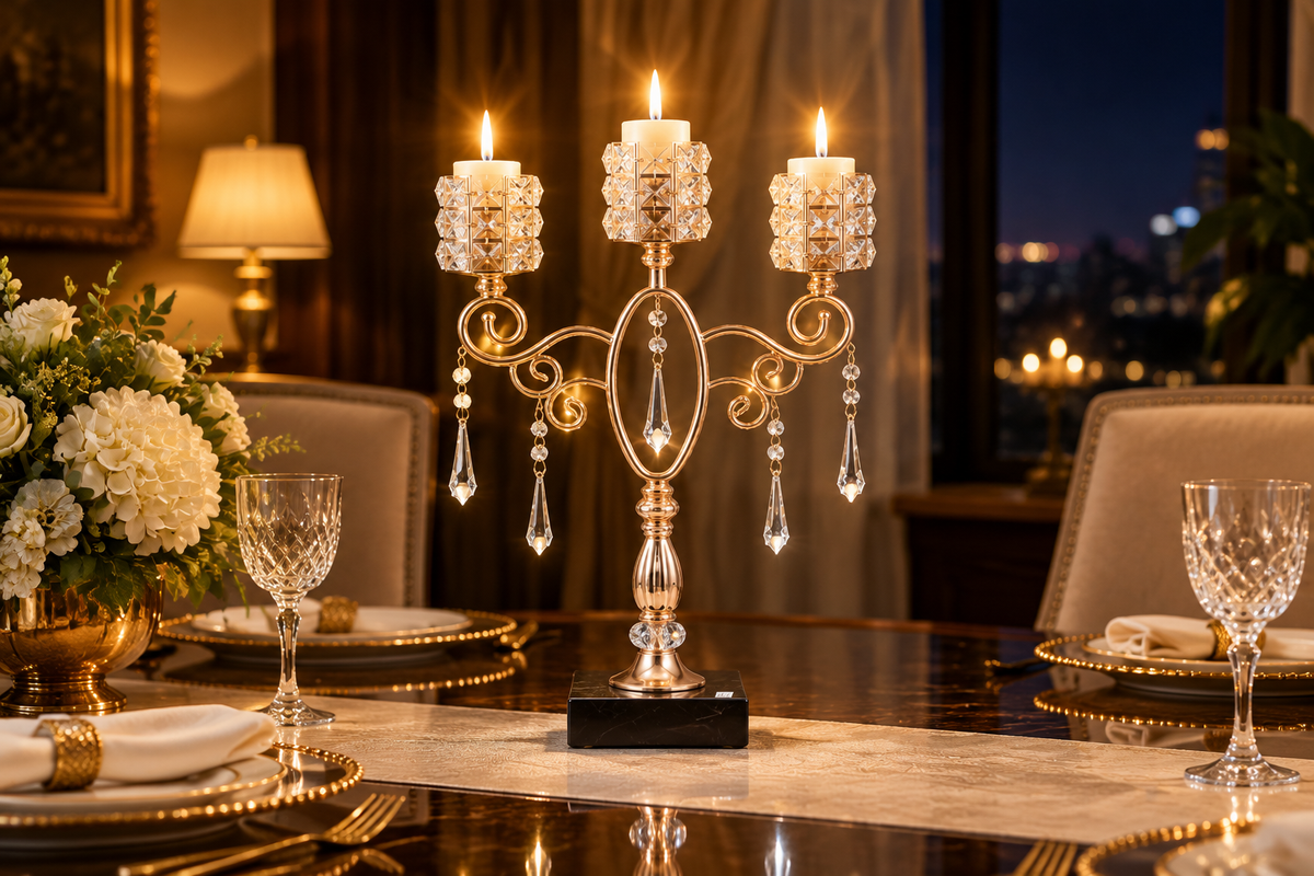Candelabra with lit candles on dining table