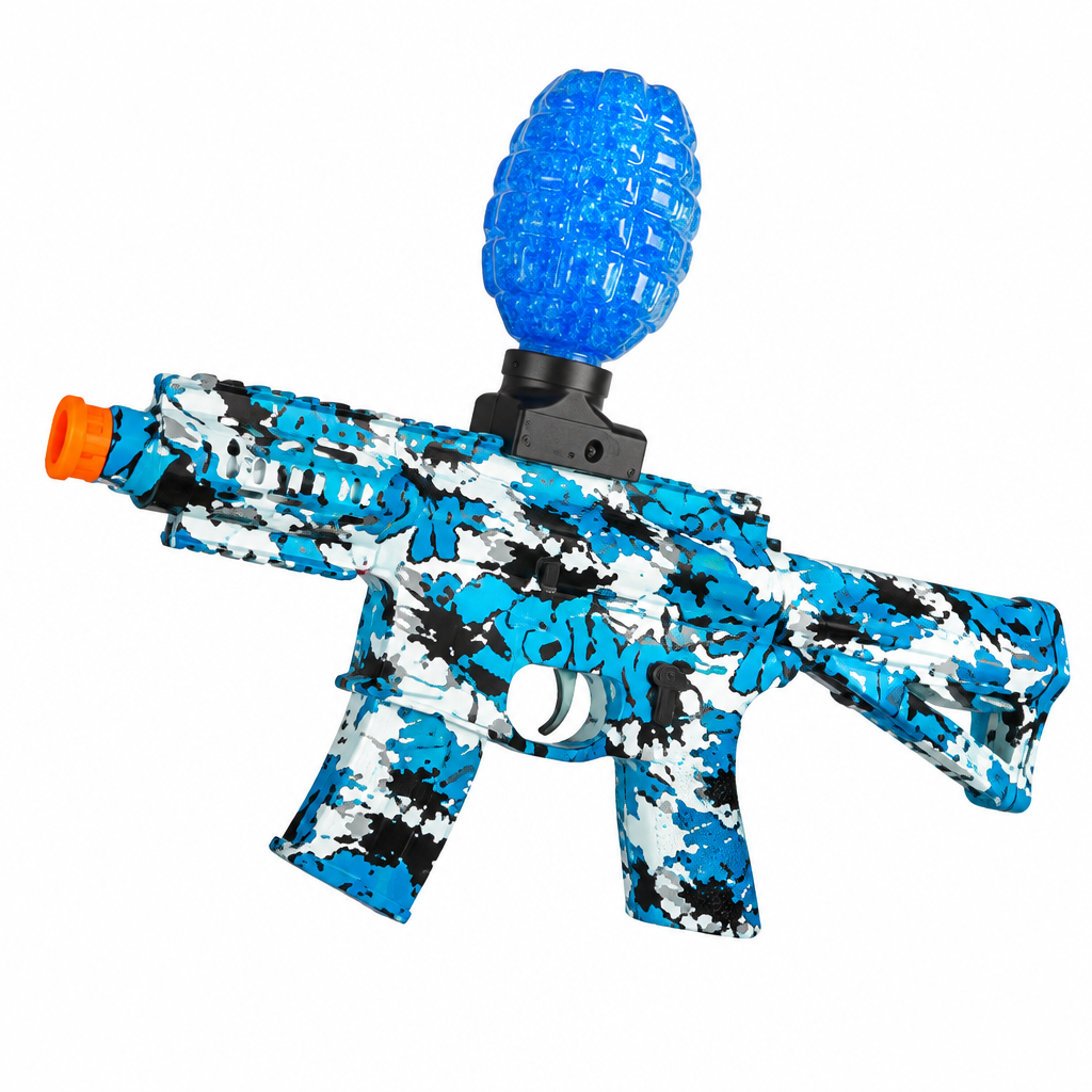 Blue camouflage rechargeable gel blaster toy with top hopper