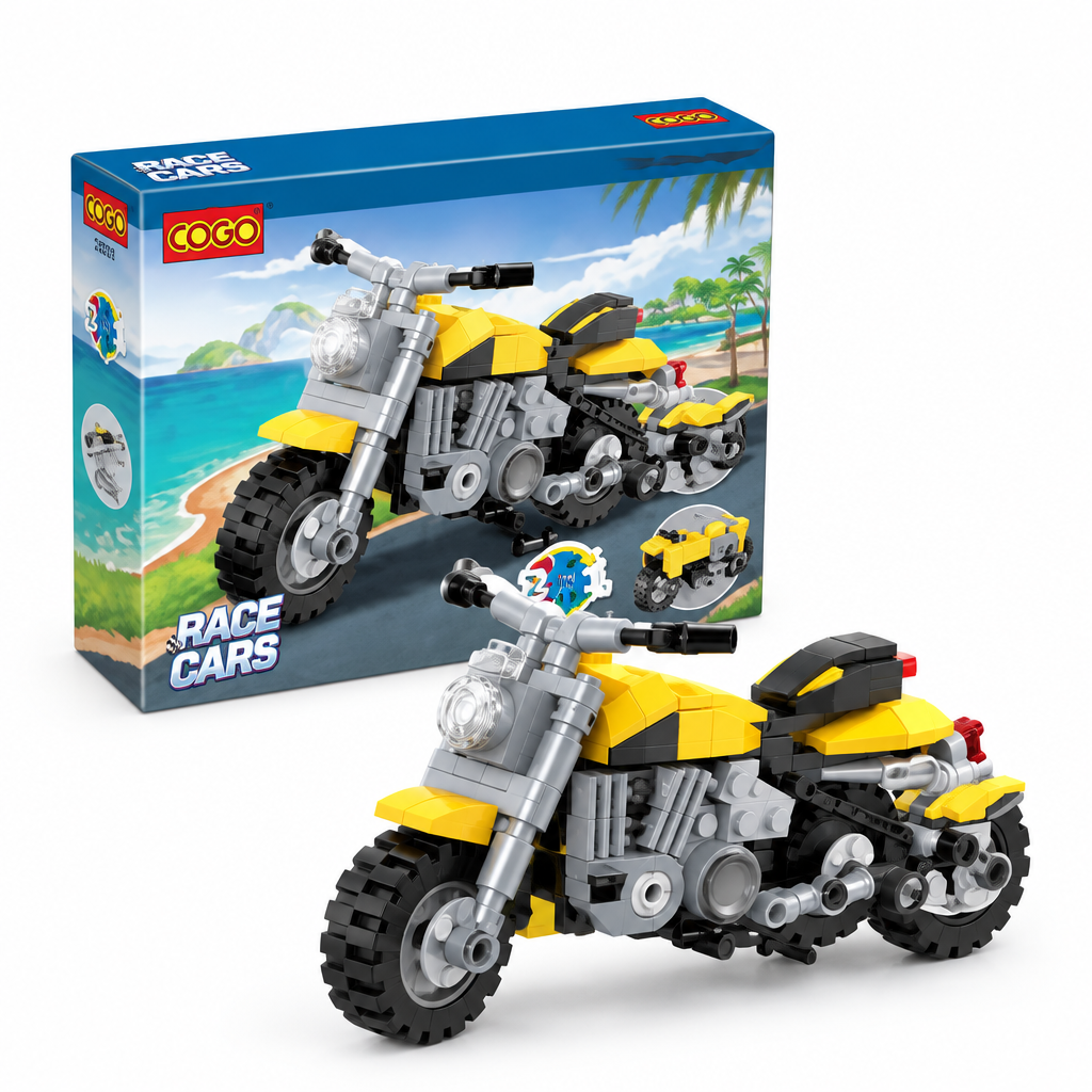 COGO yellow motorcycle building set, angled view on white background