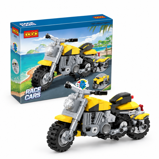 COGO yellow motorcycle building set, angled view on white background