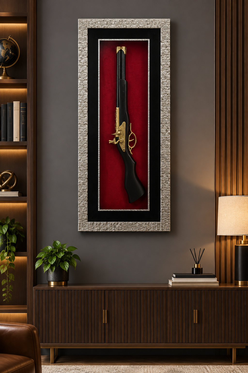 Vintage rifle framed wall art in study