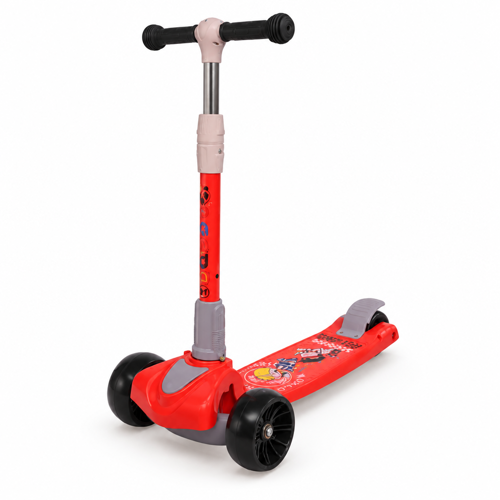 Red kids 3-wheel kick scooter, angled view on white background
