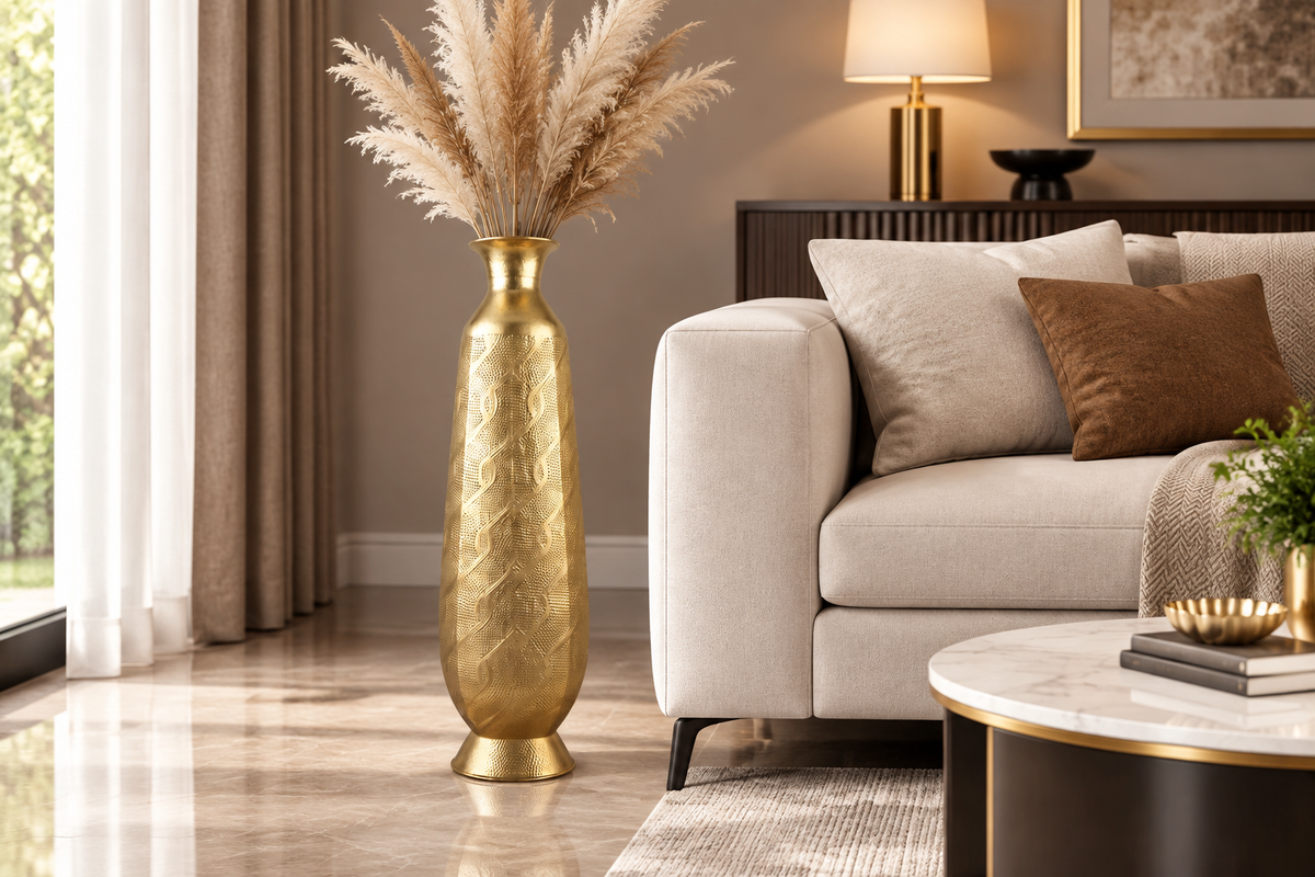 Gold floor vase beside sofa in living room