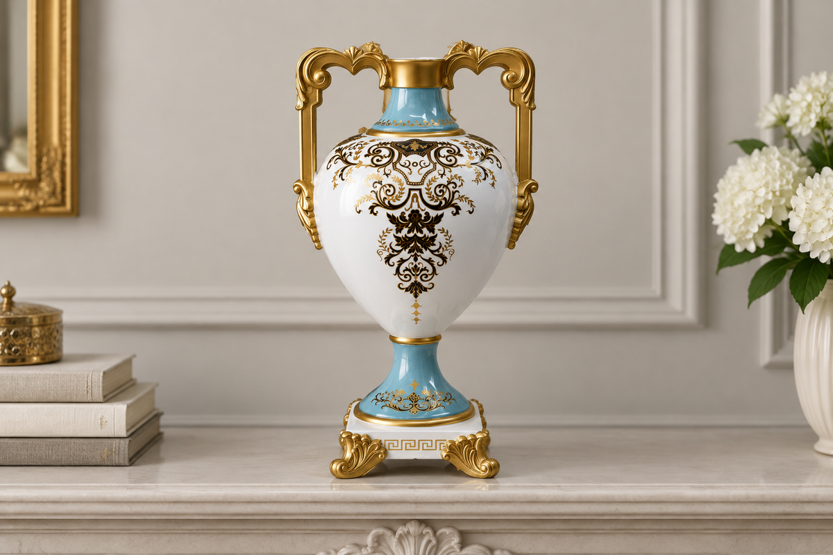 Wide mantel scene with white and gold Baroque trophy vase