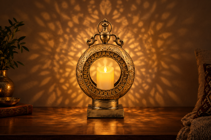 Lantern glowing with patterned wall shadows
