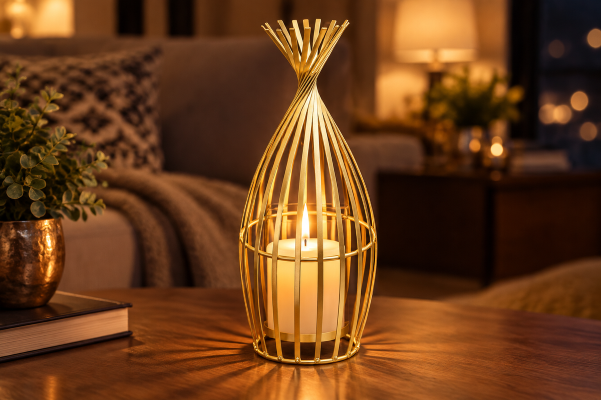 Gold wire lantern with lit candle