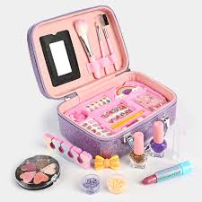 Makeup Kit with Glitter Vanity Case – Washable Cosmetic Playset with Mirror & Nail Polish Accessories for Girls