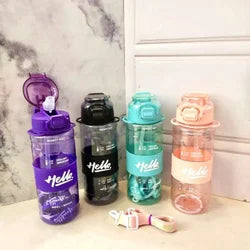 "Hello" Motivational Transparent Water Bottle with Straw and Carrying Strap