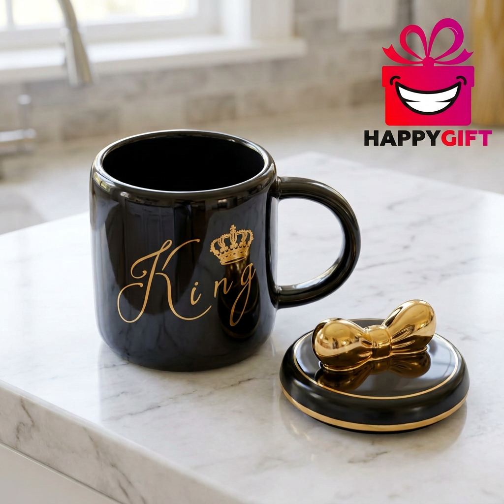 Black King Mug with Gold Crown & Bow Lid | Happy Gift