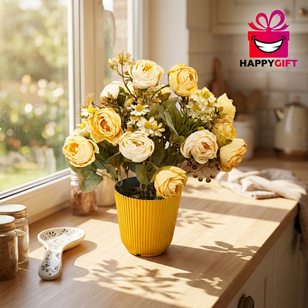 Artificial Cream Rose Flower Arrangement in Yellow Pot | Happy Gift