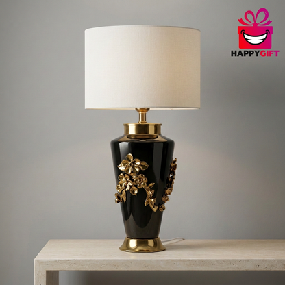 Black & Gold Floral Table Lamp with Ivory Shade | Happy Gift