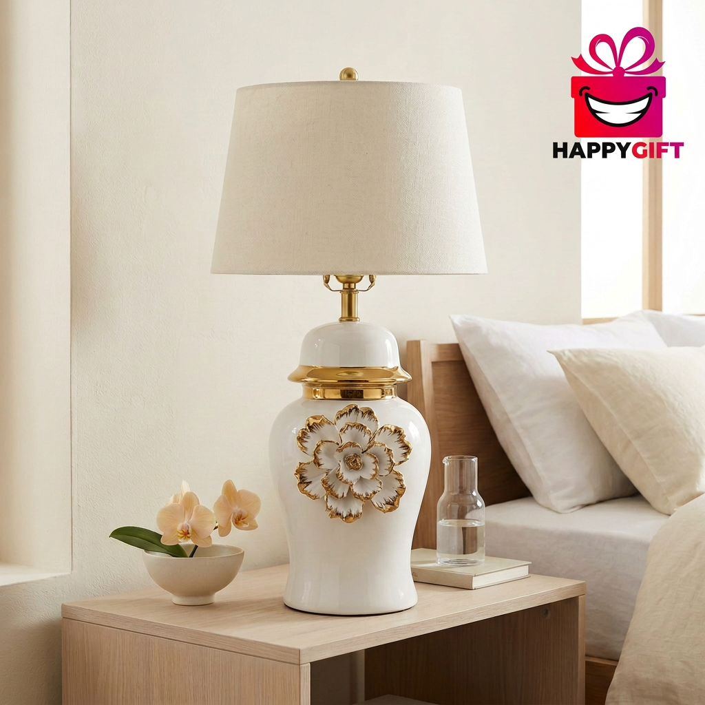 White & Gold Floral Ceramic Table Lamp with Shade | Happy Gift