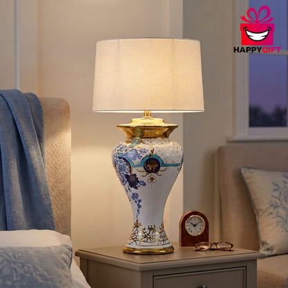Blue & White Floral Table Lamp with Ivory Shade | Happy Gift