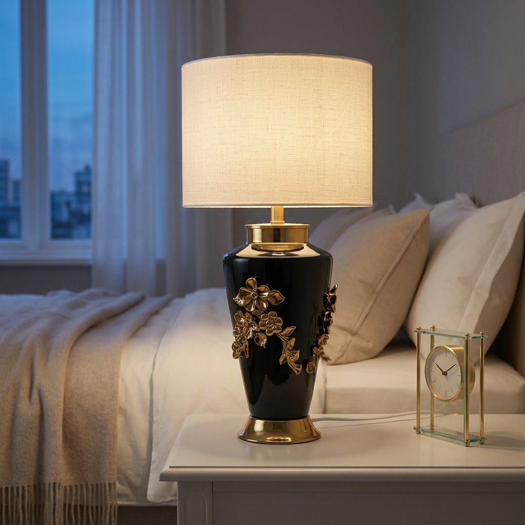 Black & Gold Floral Table Lamp with Ivory Shade | Happy Gift