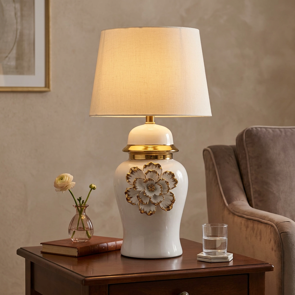 White & Gold Floral Ceramic Table Lamp with Shade | Happy Gift