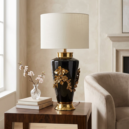 Black & Gold Floral Table Lamp with Ivory Shade | Happy Gift