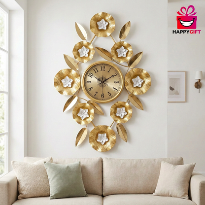 Gold Flower Metal Wall Clock with White Flowers | Happy Gift