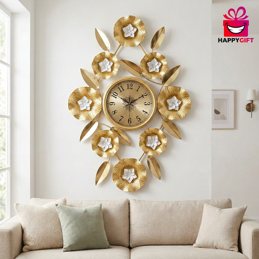 Gold Flower Metal Wall Clock with White Flowers | Happy Gift