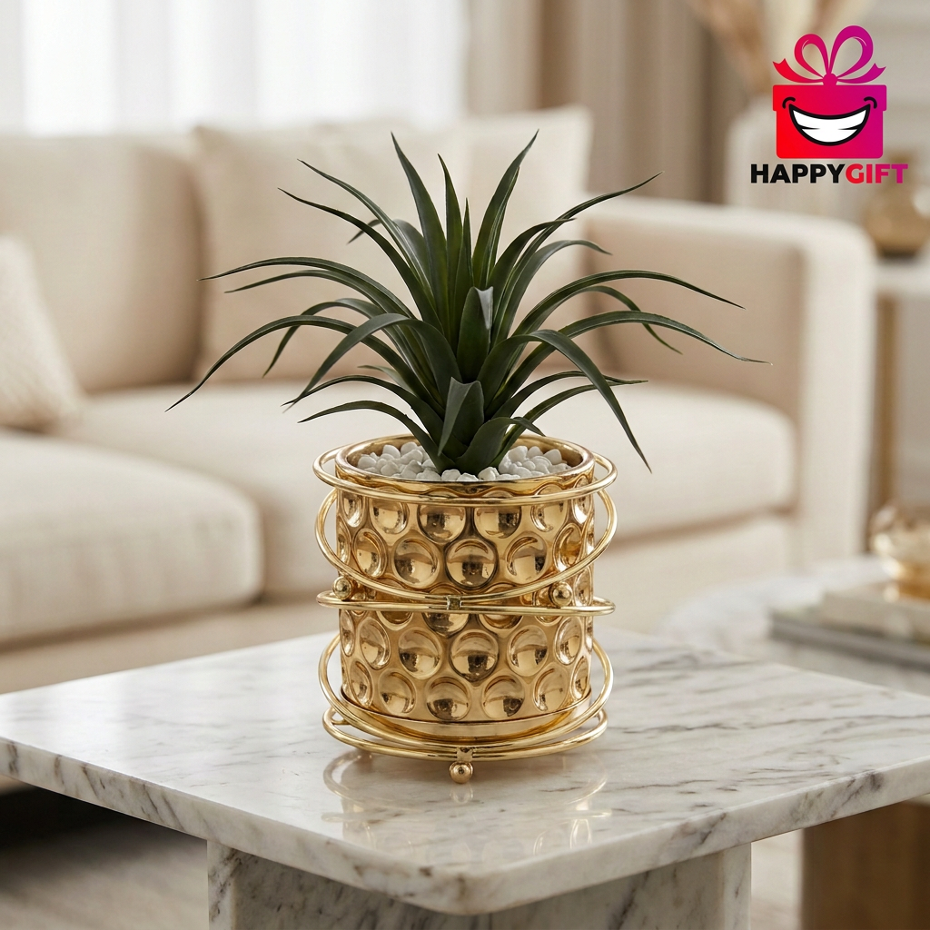 Artificial Green Plant in Decorative Gold Planter | Happy Gift