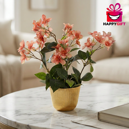 Peach Artificial Blossom Arrangement in Gold Pot | Happy Gift